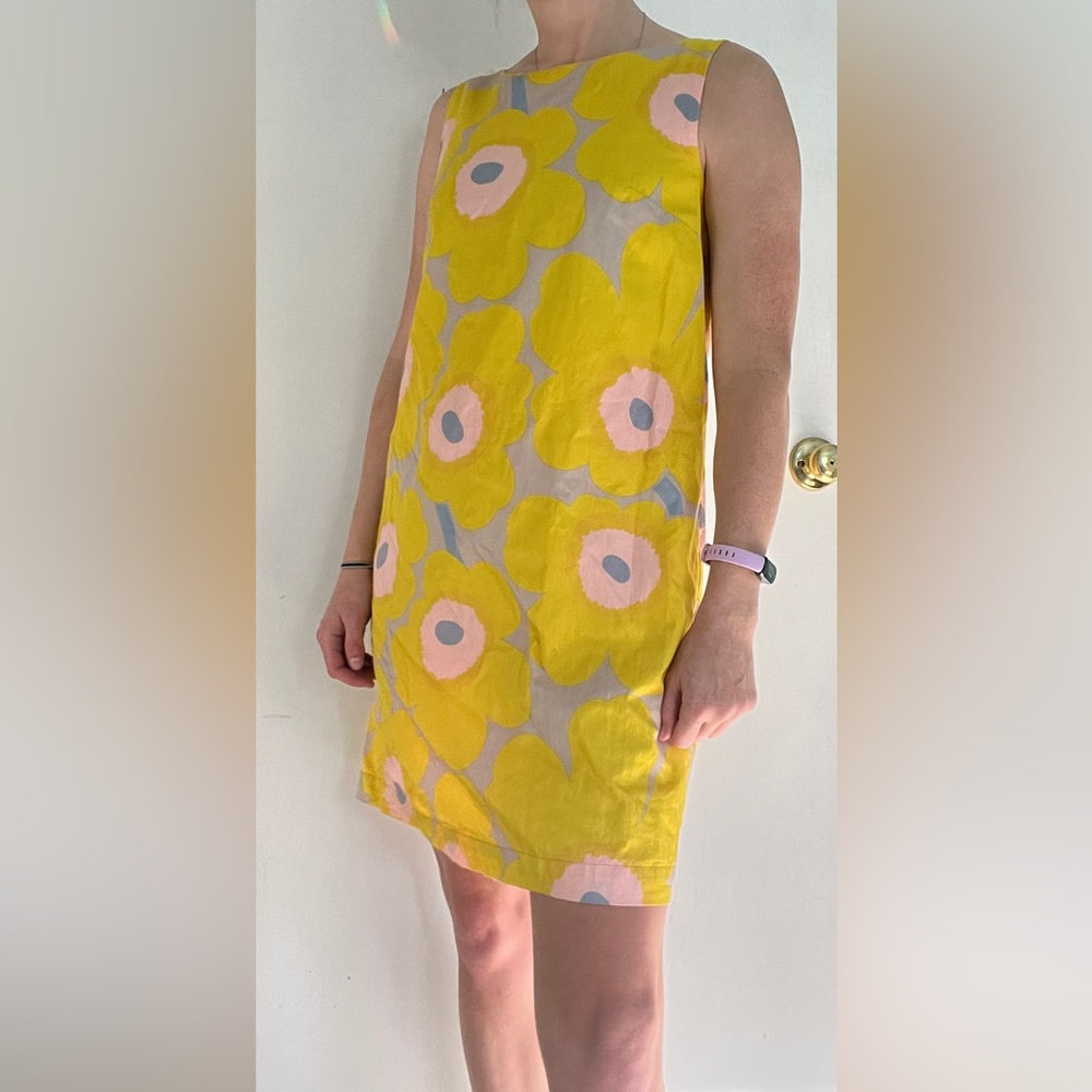 Marimekko cotton floral print yellow shift dress